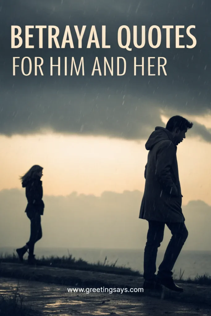 A man and woman standing apart in the rain under a dark sky, with the text Betrayal Quotes For Him And Her symbolizing relationship betrayal.
