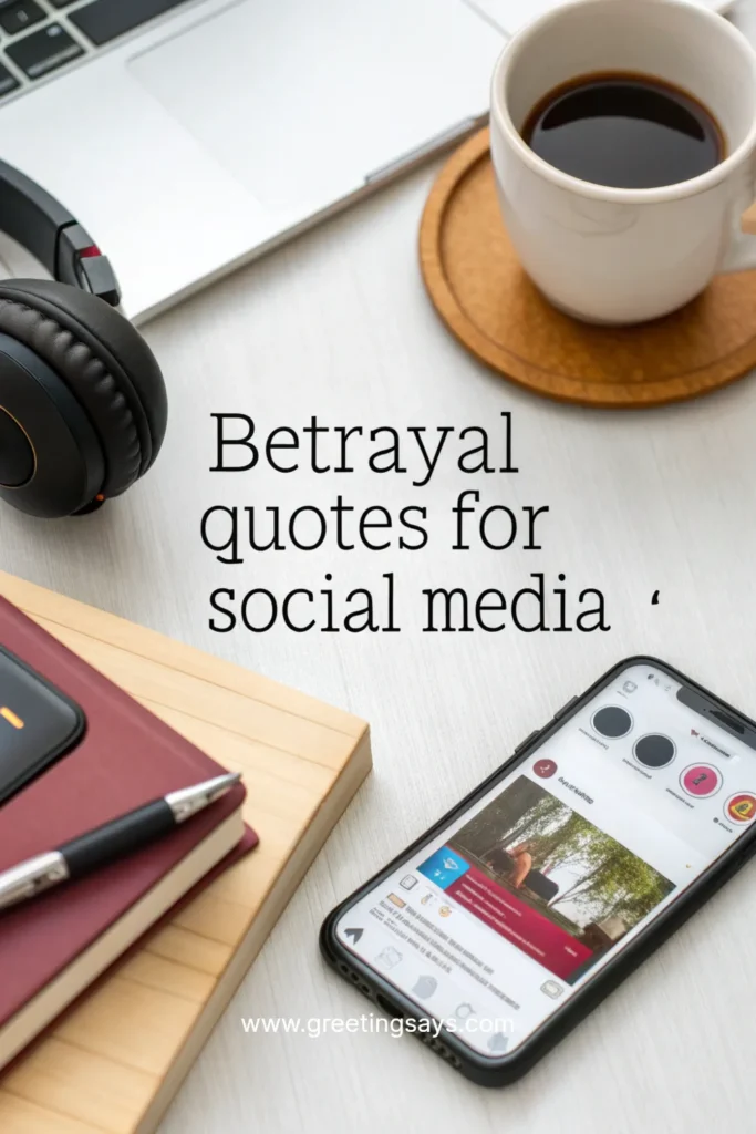 A workspace with a laptop, coffee cup, notebook, and smartphone showing Instagram, with text Betrayal quotes for social media.