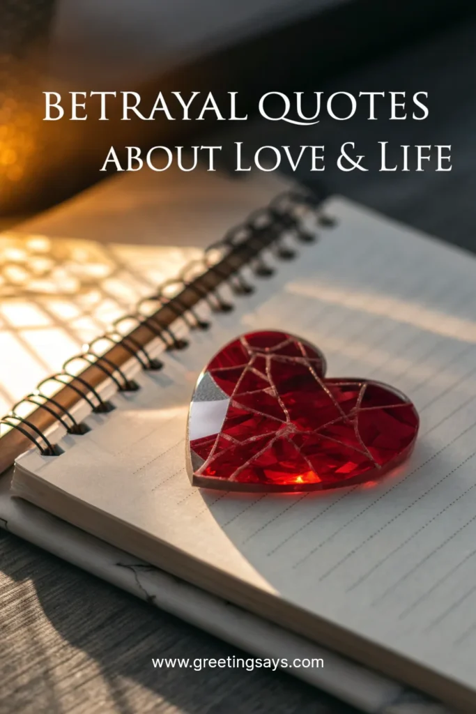 A red glass heart placed on an open notebook with warm sunlight falling across the scene, with the text Betrayal Quotes About Love and Life.
