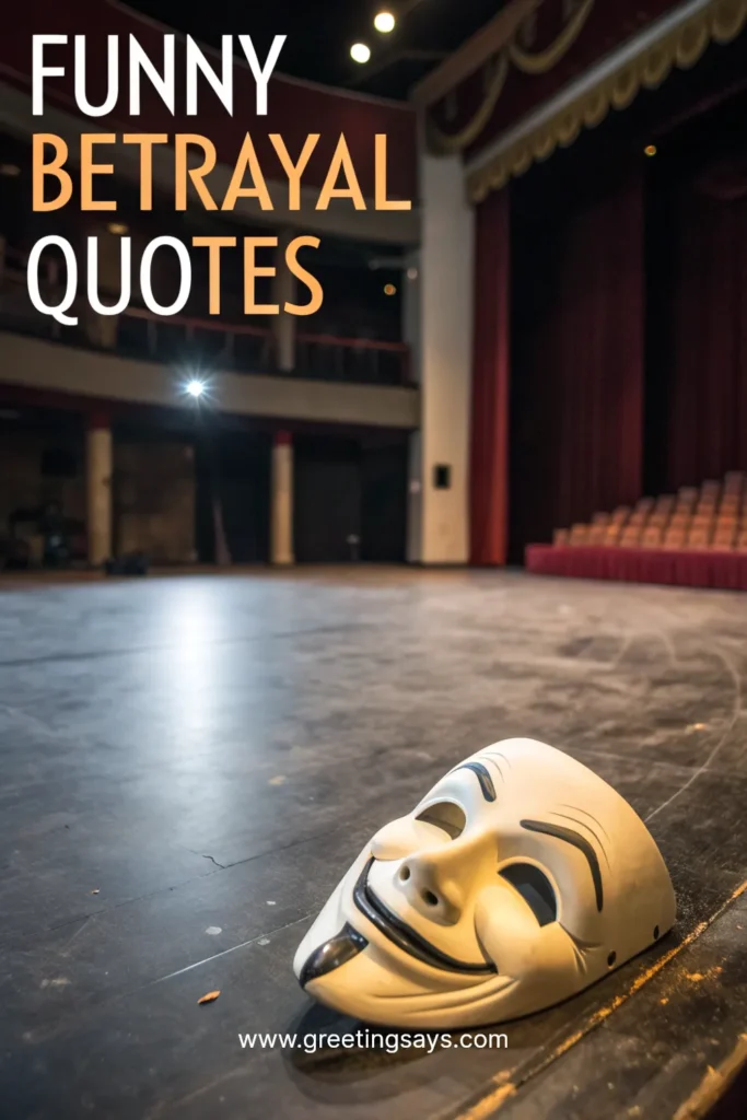 A white comedy mask lying on the stage floor of an empty theater with red curtains and spotlights, featuring the text Funny Betrayal Quotes.