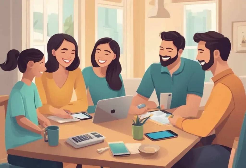 A group of five smiling individuals gathered at a table with notebooks, a laptop, and coffee, enjoying a collaborative discussion in a well-lit, cozy room with large windows in the background.