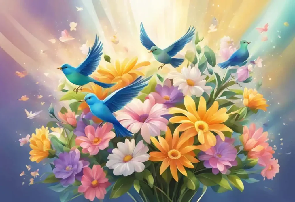 A radiant bouquet of daisies and other flowers surrounded by bluebirds in flight, with colorful beams of light and butterflies creating a magical, uplifting scene.