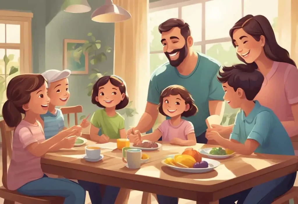 A cheerful family of six gathered around a dining table, sharing a meal and laughter in a bright, cozy room with natural light streaming through the windows, creating a warm, joyful atmosphere.
