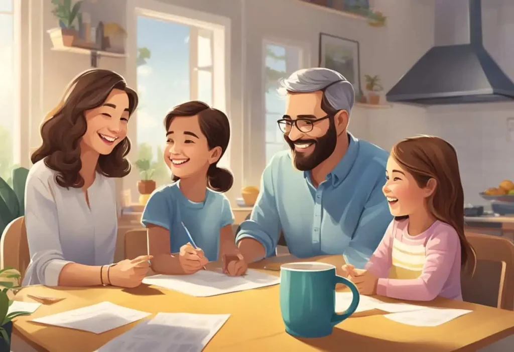 A smiling family of four engaged in an activity at the table, surrounded by a welcoming kitchen space with greenery and sunlight filtering through the windows, highlighting their togetherness.