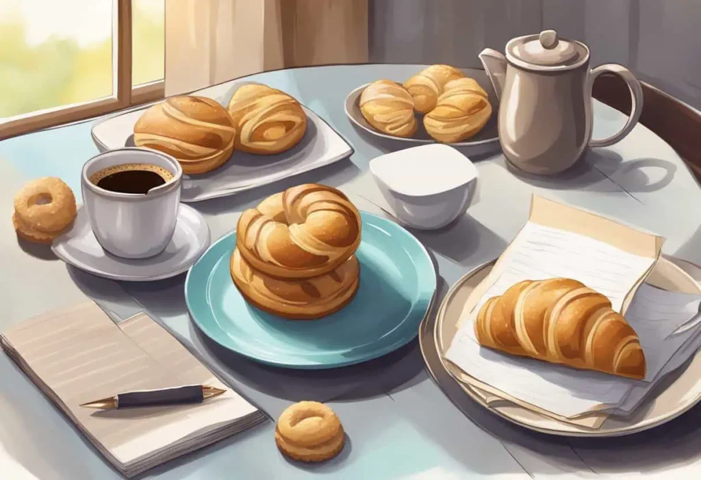 A beautifully set table featuring an assortment of pastries, a cup of coffee, a teapot, and a notepad with a pen, positioned near a sunlit window that adds warmth to the serene breakfast scene.
