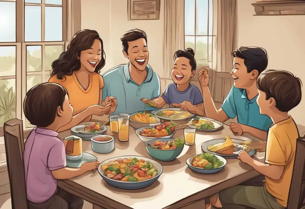 A happy family of six enjoying a hearty meal together at a large dining table, their laughter and joy filling the air in a brightly lit, inviting room with wide windows.