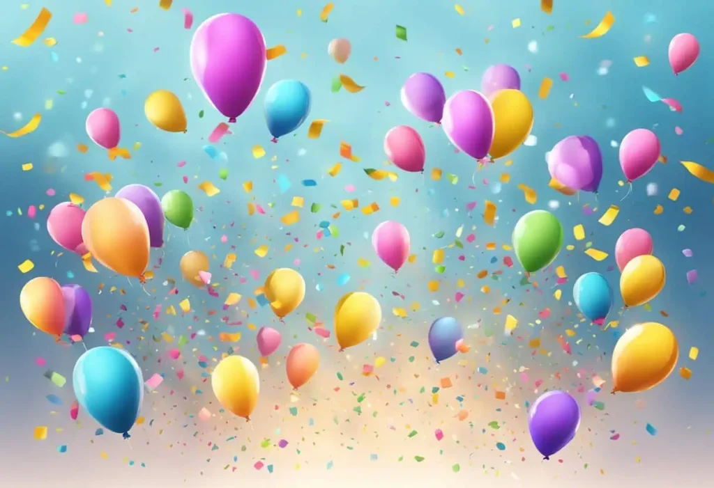 A sky filled with colorful balloons and confetti, creating a festive celebration atmosphere, with the vibrant hues contrasting against the soft blue backdrop of the sky.