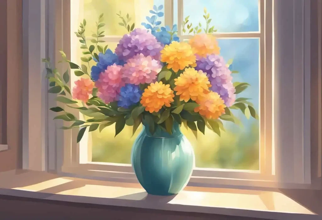A vibrant bouquet of multicolored flowers in a teal vase, placed on a windowsill with sunlight streaming through, illuminating the petals and bringing a cheerful, fresh ambiance to the room.