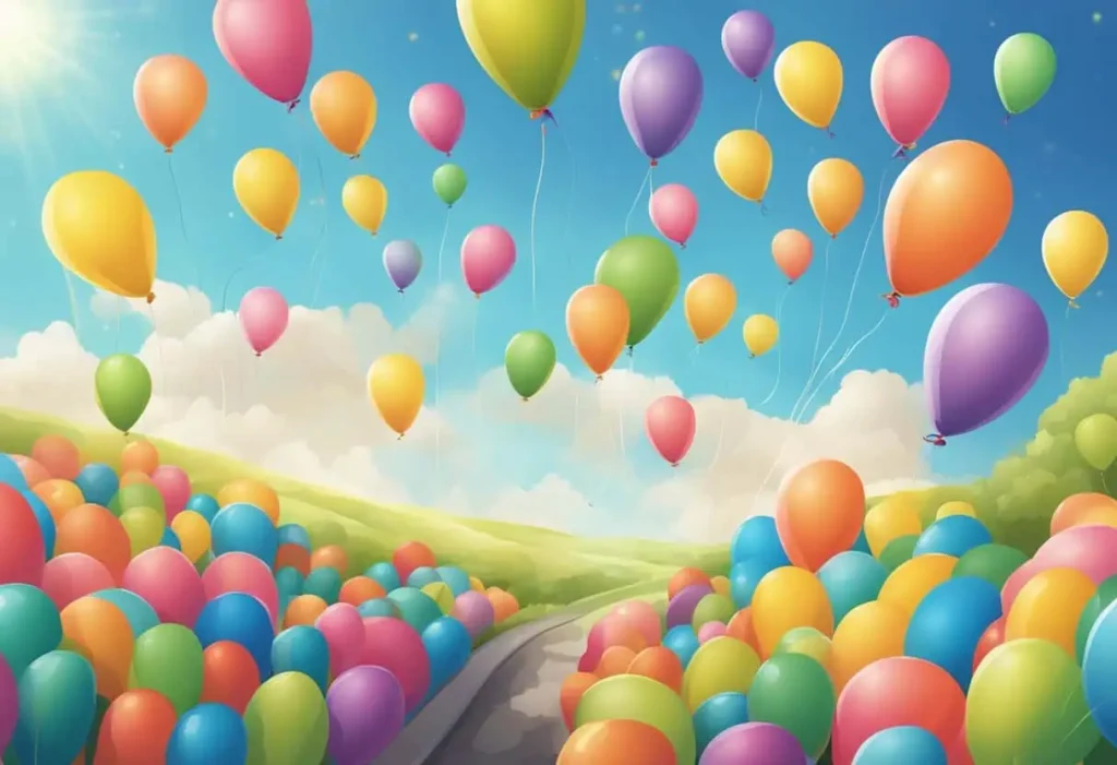 A serene outdoor scene of countless balloons rising into the sky over a green field, with a meandering path and a bright, sunny day setting the tone for a celebratory and whimsical mood.