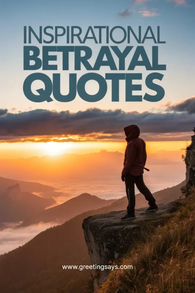A person in a hoodie standing on the edge of a mountain cliff, overlooking a dramatic sunrise above the clouds, with the text Inspirational Betrayal Quotes.