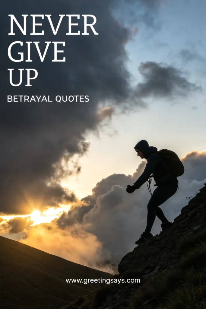 A climber in silhouette scaling a steep mountain slope at sunrise with dramatic clouds behind, featuring the text Never Give Up Betrayal Quotes.