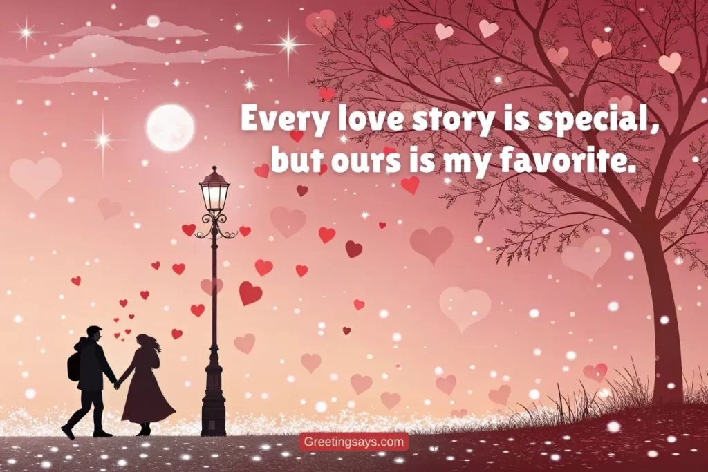 Image with a couple and lamp post: A silhouette of an elderly couple holding hands under a vintage streetlamp, surrounded by falling snowflakes and hearts against a pink gradient background. Text overlay states, "You are the missing piece that completes my heart."