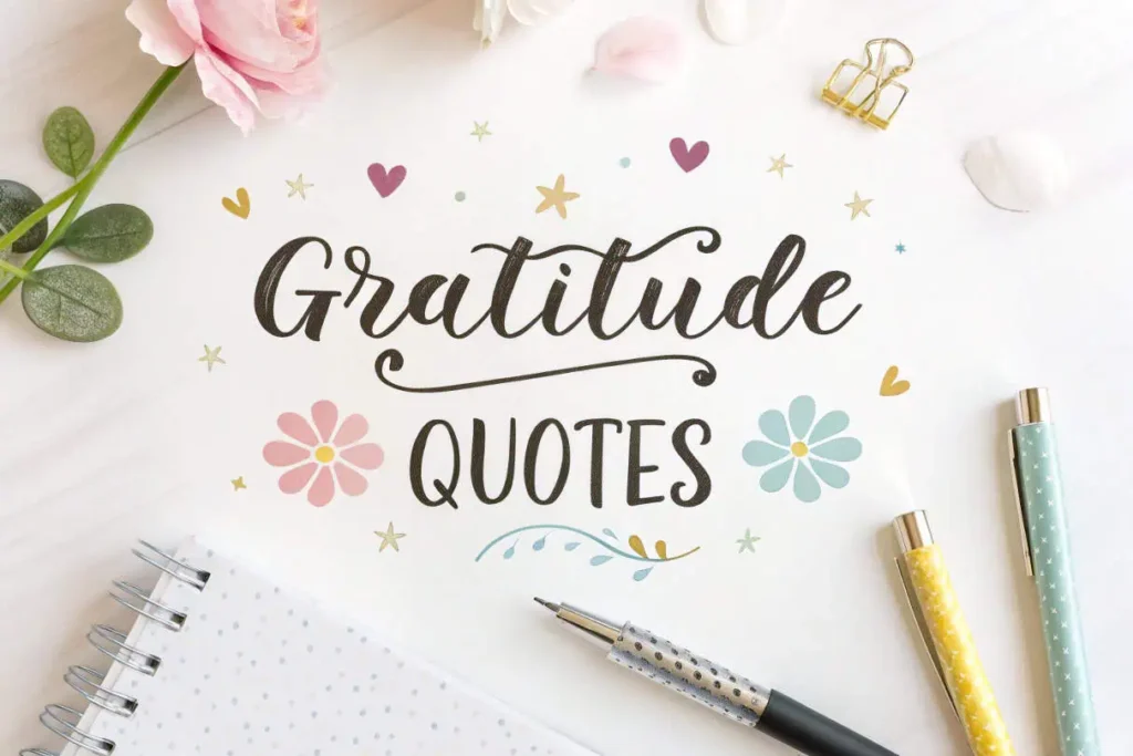 Gratitude-themed image: A white canvas with the words "Gratitude Quotes" written in elegant script surrounded by pastel floral and heart illustrations. Nearby are decorative pens and a spiral notebook on a clean white background.