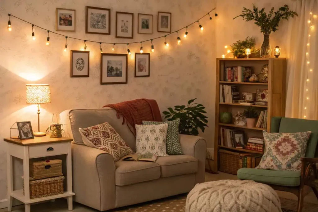 Cozy living room setup: A warm and inviting living room with a beige sofa, patterned pillows, a side table with a lamp, a bookshelf filled with books, and fairy lights strung across the wall decorated with framed pictures.