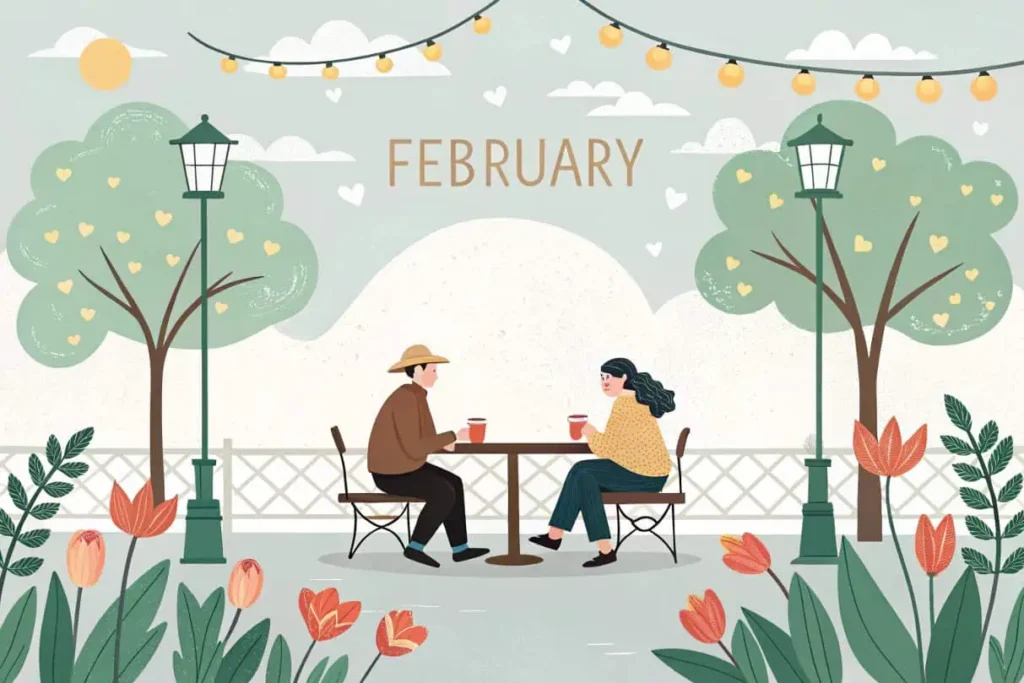 Illustrated February park scene: A pastel illustration of a couple sitting outdoors at a café table, enjoying drinks, surrounded by blooming tulips, heart-shaped leaves on trees, and string lights under a sunny February sky.