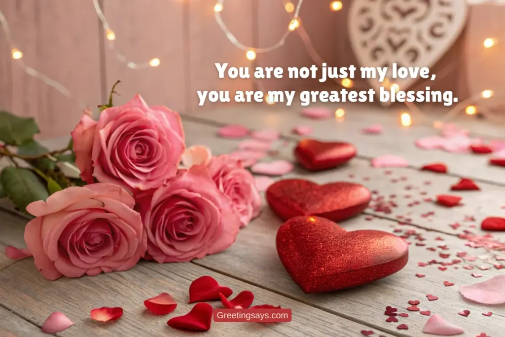 Image with roses and hearts: A wooden table adorned with a bouquet of pink roses, red glittering heart decorations, scattered rose petals, and fairy lights in the background. A romantic quote reads, "You are not just my love, you are my greatest blessing."