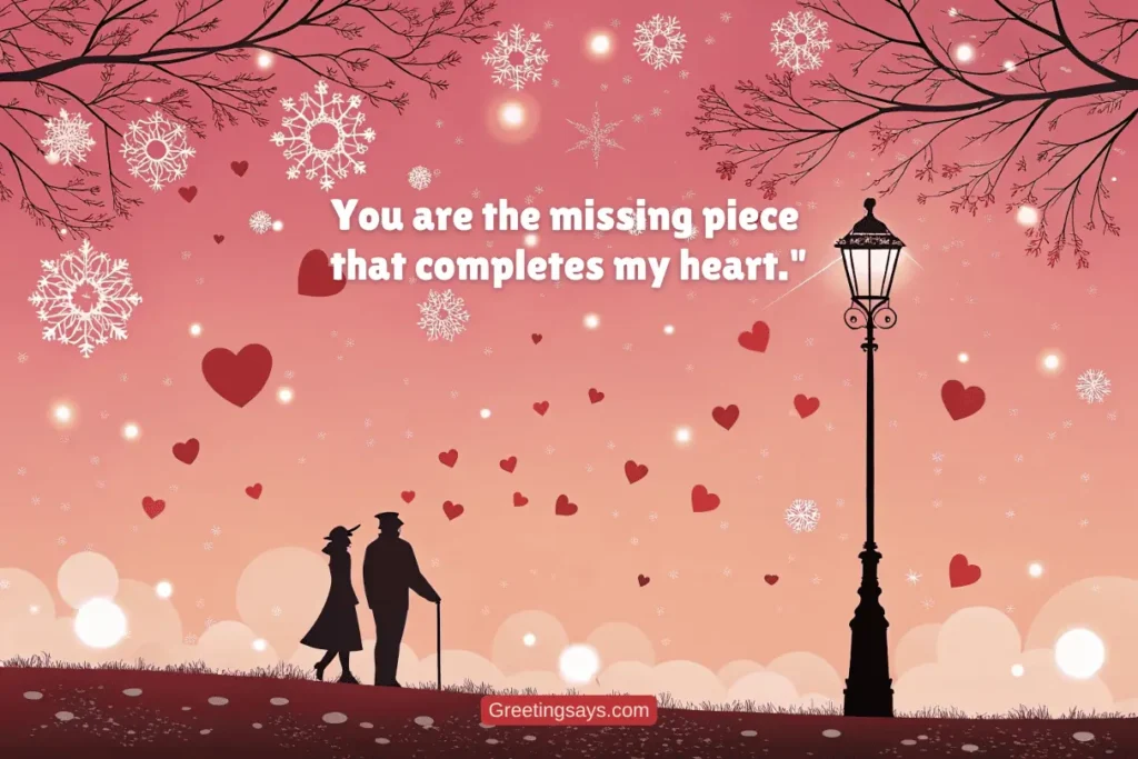 Image with a romantic couple under a lamp post: A couple holding hands under a streetlamp on a serene, starry evening, with hearts scattered in the air and bare winter trees framing the scene. The quote reads, "Every love story is special, but ours is my favorite."