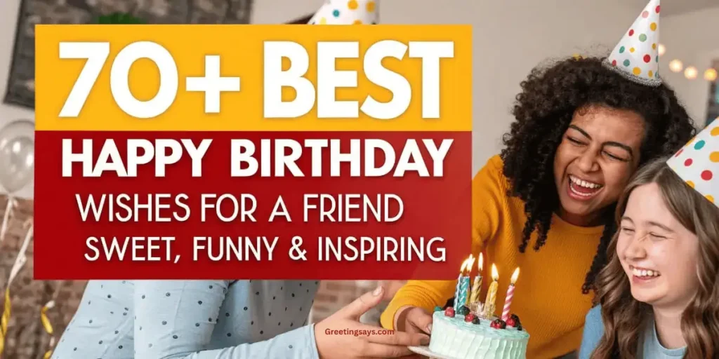 Friends celebrating with cake and party hats, laughing joyfully indoors — perfect for sharing Happy Birthday Wishes for a Friend.