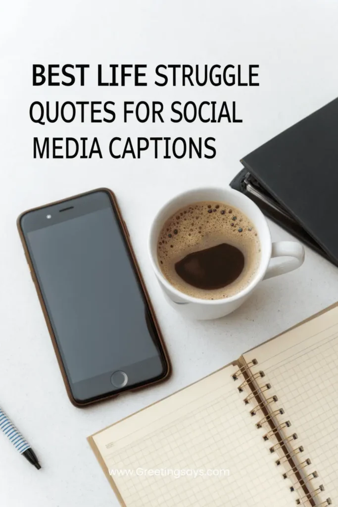 Desk scene with a smartphone, pen, notebook, and a cup of coffee, overlaid with text: “Best Life Struggle Quotes for Social Media Captions” and website Greetingsays.com at the bottom.