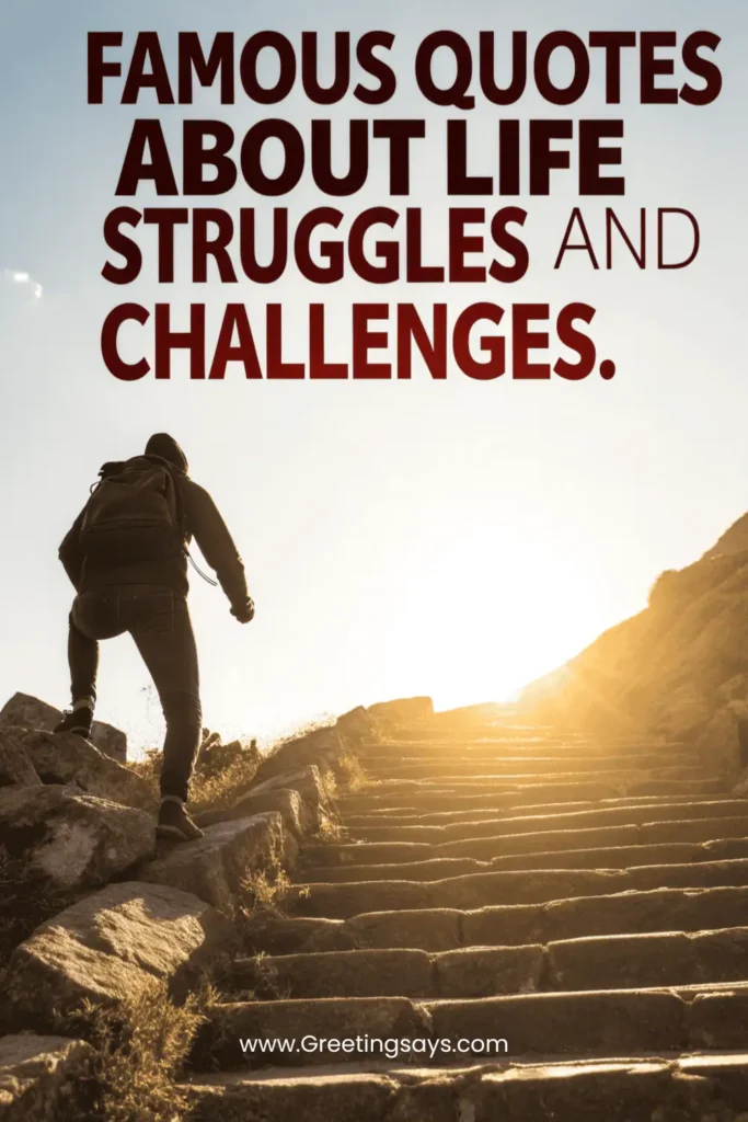 Silhouette of a hiker climbing stone steps toward sunlight with bold red text that reads “Famous Quotes About Life Struggles and Challenges,” and website Greetingsays.com below.