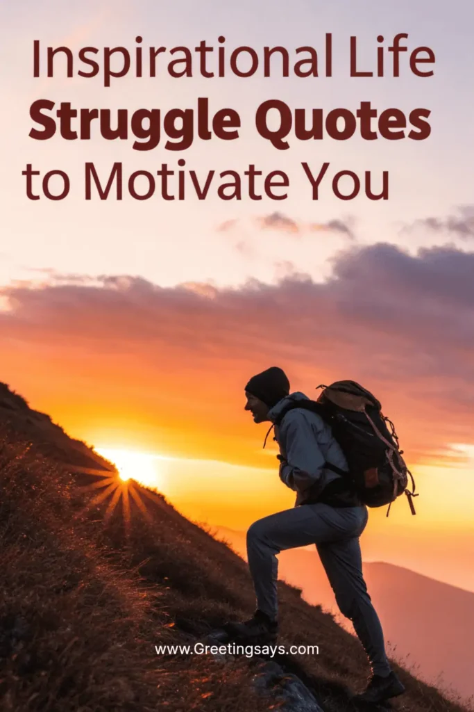 A determined hiker climbing a mountain at sunrise, capturing the spirit of motivational life struggle quotes for overcoming adversity.