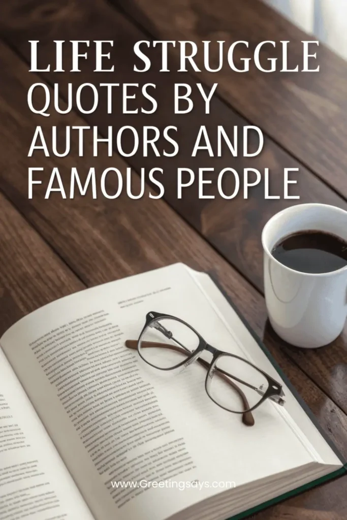 Flat lay photo of an open book with reading glasses, a cup of coffee, and bold text that says “Life Struggle Quotes by Authors and Famous People” with website Greetingsays.com at the bottom.
