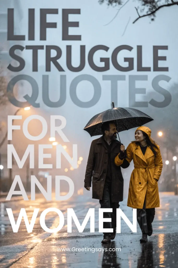 A smiling couple walking together under an umbrella on a rainy street, capturing companionship and courage through shared life struggle quotes.