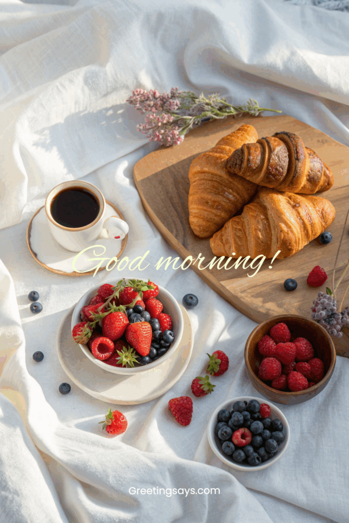 Breakfast setup with croissants, berries, and coffee with elegant “Good morning” text overlay.