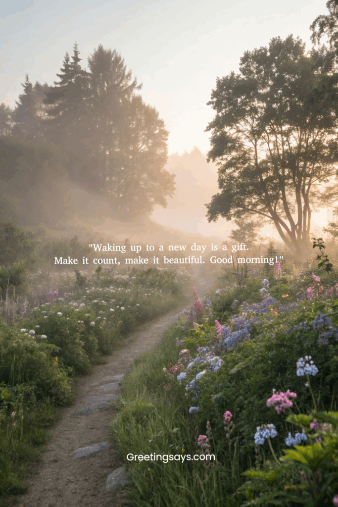 Misty morning path through a blooming garden with motivational “Good morning” quote.