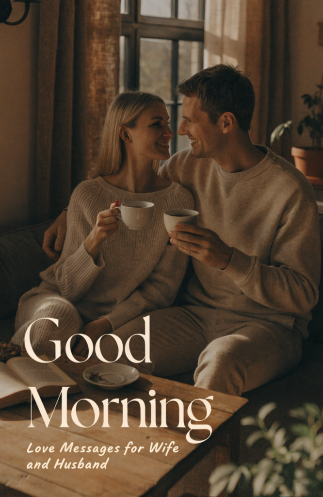 Married couple sitting together on a sofa sharing coffee in the morning, warm home setting with intimate and peaceful mood