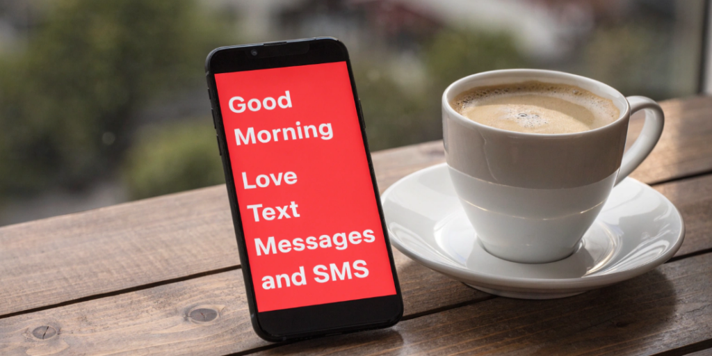 Smartphone standing on a wooden table beside a cup of coffee showing a morning love text message in a bright and cozy café style setting