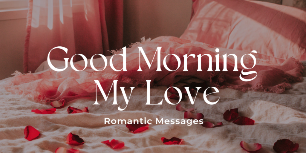 Romantic bedroom scene with rose petals on soft bedding, gentle pink tones and a dreamy intimate morning ambiance