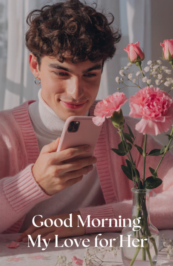 Man smiling while reading a sweet message on his phone beside pink flowers, soft daylight and romantic pastel color tones