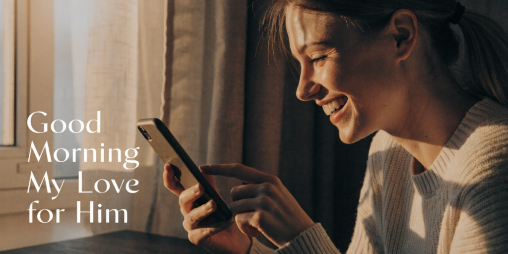 Woman smiling while reading a morning message on her phone near a window, warm sunlight, cozy indoor setting with soft tones and romantic mood