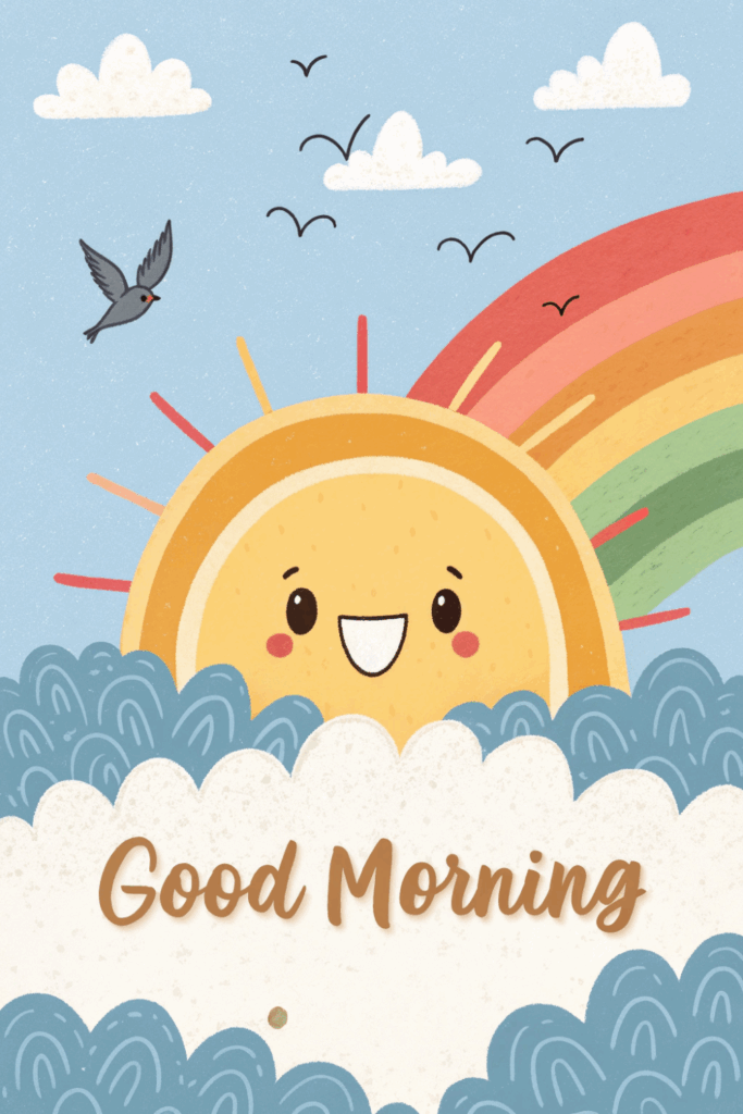 Cheerful cartoon sun smiling behind clouds with rainbow and “Good Morning” text.