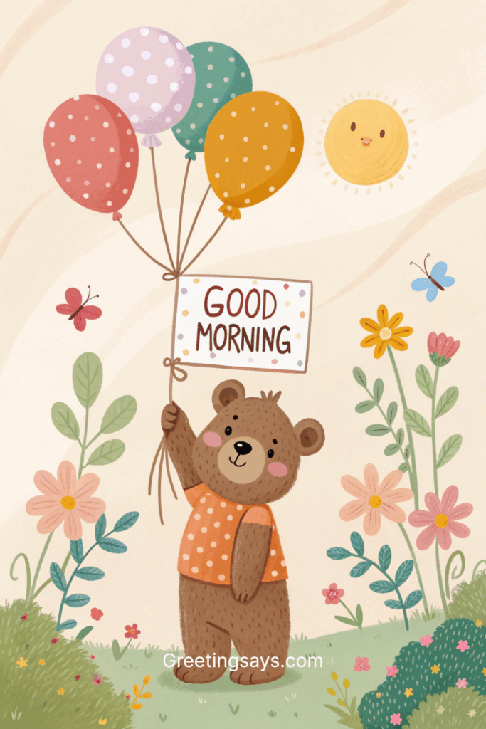 Cute bear holding colorful balloons with a “Good Morning” sign in a flower garden.