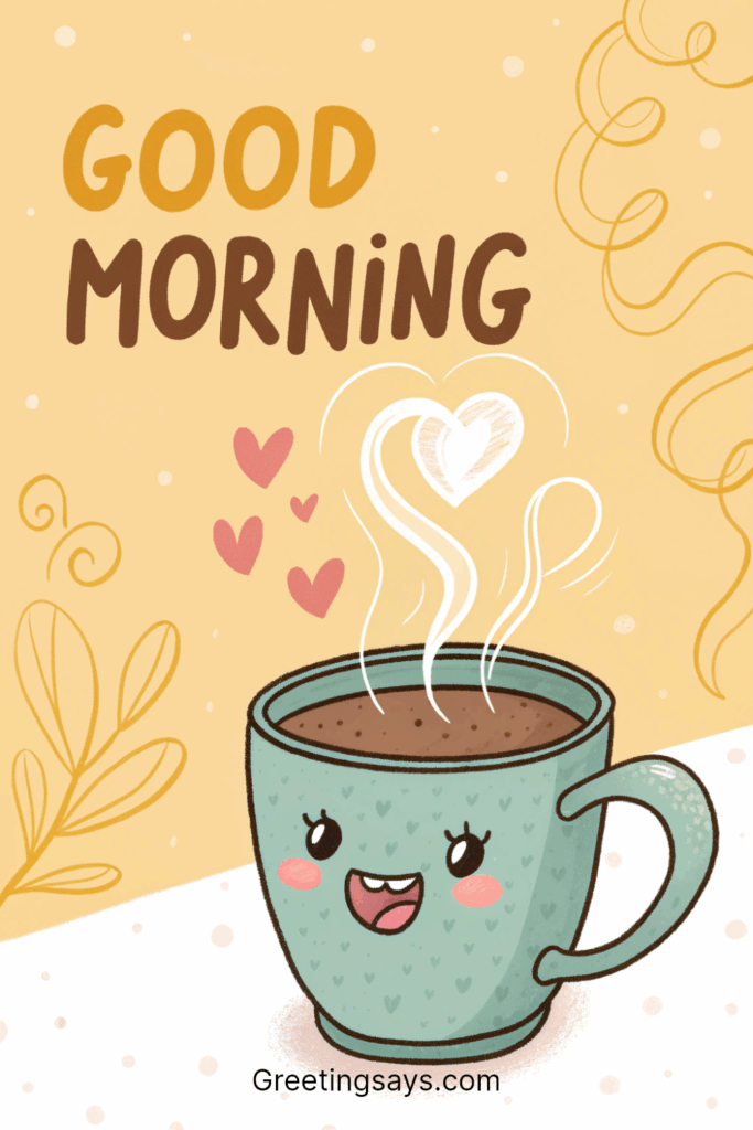Happy cartoon coffee cup with heart-shaped steam and “Good Morning” text.