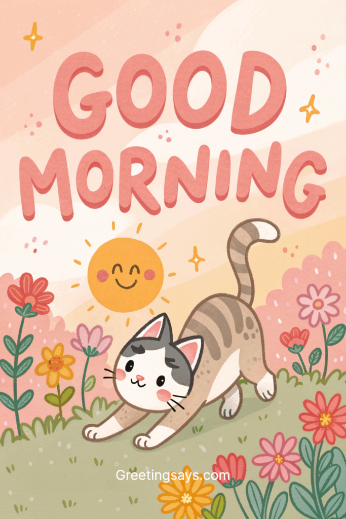 Playful cat stretching in a garden with flowers and smiling sun, “Good Morning” text above.