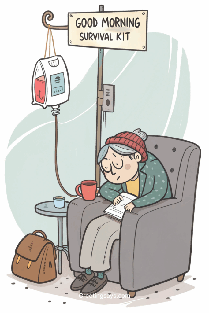 Cartoon of tired person with coffee IV drip labeled “Good Morning Survival Kit.”
