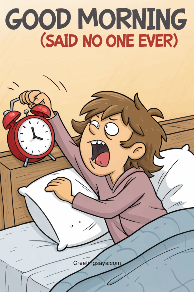 Cartoon of sleepy person yelling at alarm clock, “Good Morning (Said No One Ever).”