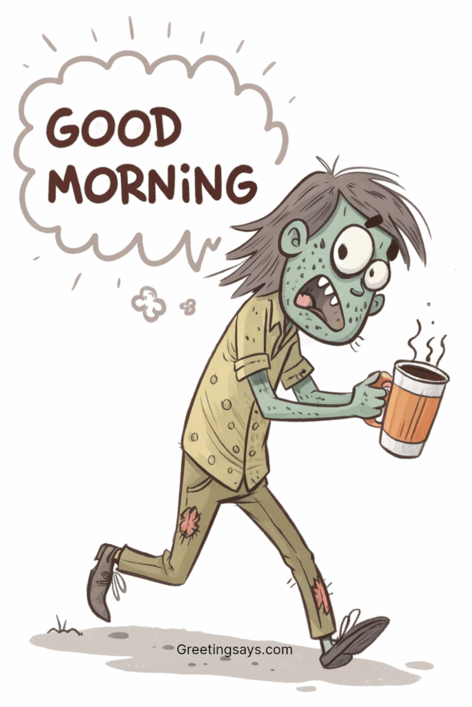 Funny zombie-like character holding coffee cup with “Good Morning” text bubble.