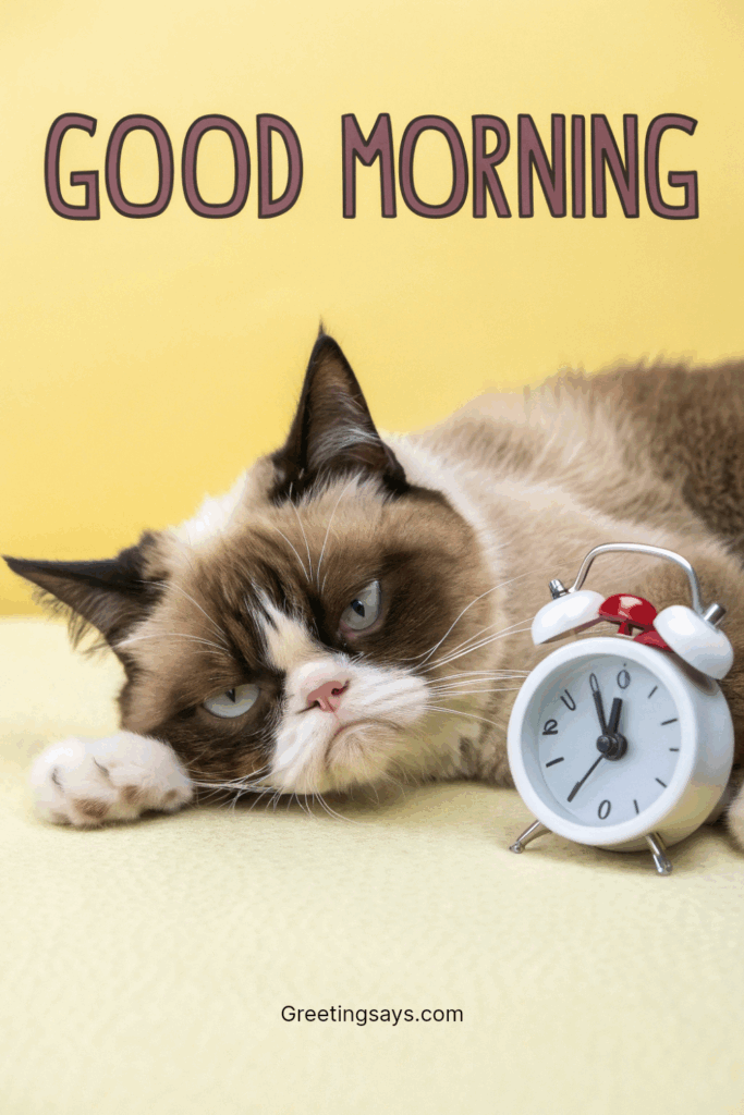 Grumpy cat lying beside an alarm clock with “Good Morning” written above.