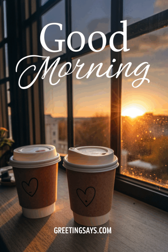Two takeaway coffee cups near window with sunrise view and “Good Morning” text.