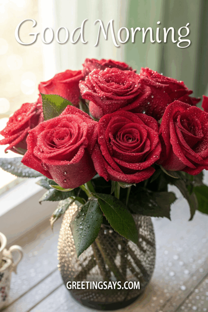 Vase of red roses with dewdrops near a window and morning light.