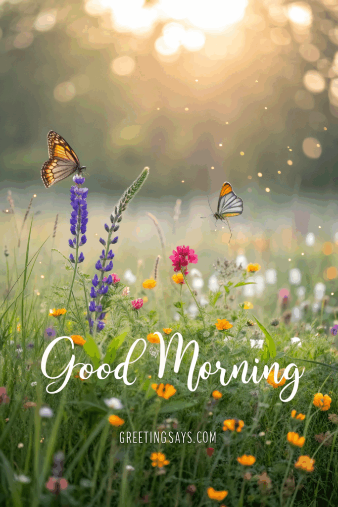 Colorful wildflowers and butterflies glowing under morning sunshine.