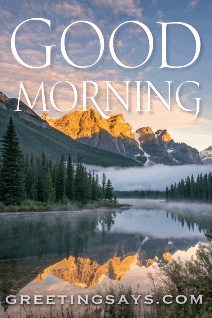 Golden sunrise over mountain lake with mist and pine reflections, calm good morning scenery.