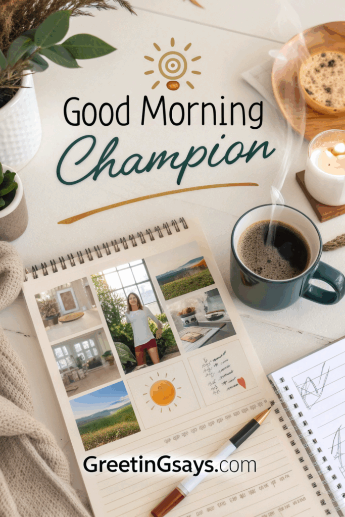 Coffee, notebook, and photos on desk with text “Good Morning Champion,” uplifting workspace setup.