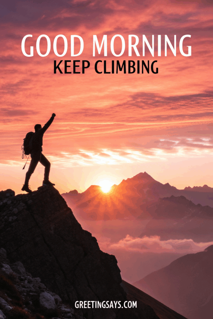 Hiker raising arm on mountain peak at sunrise with “Good Morning Keep Climbing” text.
