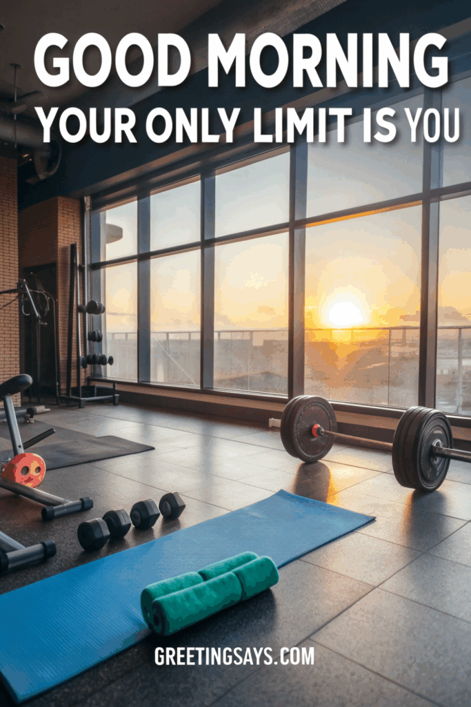 Gym with weights and sunrise view through window, “Good Morning Your Only Limit Is You.”