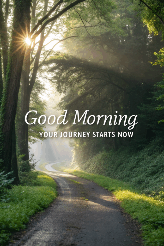 Sun rays on forest path with quote “Good Morning Your Journey Starts Now,” peaceful motivation.